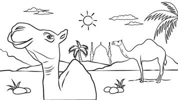 illustratie van kamelen in de woestijn. kleur boek voor kinderen en volwassenen. vector