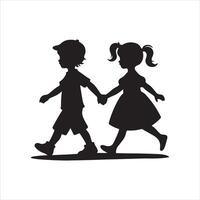 twee kinderen wandelen silhouet vector