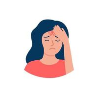 hoofdpijn van de vrouw, pijnhoofd van stress, probleem of trauma. meisje houdt haar hoofd vast. pijnlijke sensaties. het zien van arts voor hulpbehandeling. vector illustratie