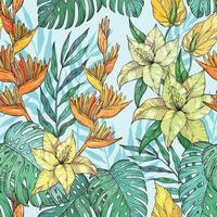naadloos exotisch patroon met tropisch bladeren en bloemen. bloeiend oerwoud vector