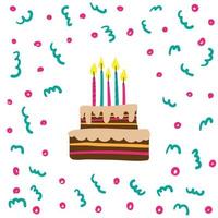 illustratie met verjaardagstaart op witte achtergrond met confetti en slingers. veelkleurige gelaagde cake met kaarsen. kerstkaart voor verjaardag. vector