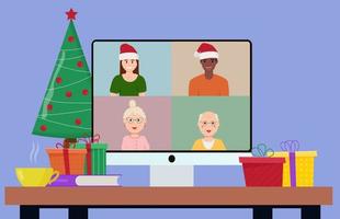 kerst en nieuwjaar online viering. feest online, videogesprek. platte vectorillustratie. vector