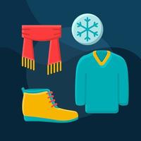 winter mode platte concept vector pictogram. winkelen idee cartoon kleur illustraties set. warme kleding. Kledingwinkel. herenkleding. gebreide trui, sjaal, laars. geïsoleerd grafisch ontwerpelement