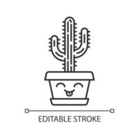 saguaro schattig kawaii lineair karakter. cactus met lachend gezicht. huiscactussen met uitgestoken tong. vrolijke tropische plant in pot. dunne lijn icoon. vector geïsoleerde overzichtsillustratie. bewerkbare streek