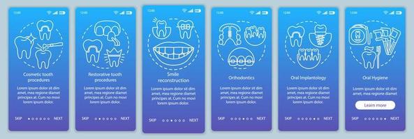 tandheelkundige kliniek diensten onboarding mobiele app pagina scherm vector sjabloon. stomatologische behandeling. walkthrough website stappen met lineaire illustraties. ux, ui, gui smartphone-interfaceconcept