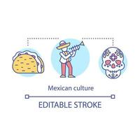 mexicaanse cultuur concept icoon. Latijns-Amerikaans eten, muziek, vakanties. burrito, trompettist, calavera. mexico partij idee dunne lijn illustratie. vector geïsoleerde overzichtstekening. bewerkbare streek