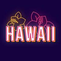 Hawaï vintage 3D-vector belettering. retro vet lettertype, lettertype. popart gestileerde tekst. neonlichtletters in oude schoolstijl. 90s, 80s poster, bannerontwerp. tropische bloemen donker violet kleur achtergrond vector