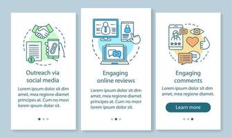 online pr onboarding mobiele app paginascherm met lineaire concepten. smm, digitale marketing walkthrough stappen grafische instructies. ux, ui, gui vectorsjabloon met illustraties vector