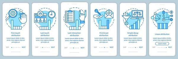 attributiemodelleringstypen blauwe onboarding mobiele app-paginaschermvectorsjabloon. diagrammen, grafieken walkthrough website stappen met lineaire illustraties. ux, ui, gui smartphone-interfaceconcept vector