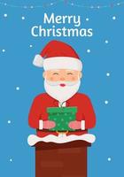 de kerstman staat op een winterse achtergrond met geschenken in zijn handen. winter kaart ontwerp illustratie voor groeten, uitnodiging, flyer, brochur. vector