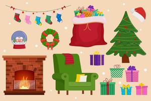 kerst objecten instellen. vakantie objecten collectie illustratie open haard, bank, santa tas, kerst sokken, cadeau, kerstboom, kerstmuts. vector