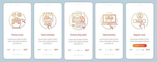 online cruiseboeking onboarding mobiele app-paginascherm met lineaire concepten. kies een schema, voeg grafische instructies voor walkthrough-stappen voor voorzieningen toe. ux, ui, gui vector sjabloon met illustraties