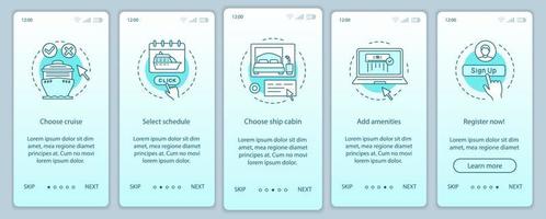 online cruise boeken onboarding mobiele app pagina scherm vector sjabloon. kies schema, voeg voorzieningen toe. walkthrough website stappen met lineaire illustraties. ux, ui, gui smartphone-interfaceconcept