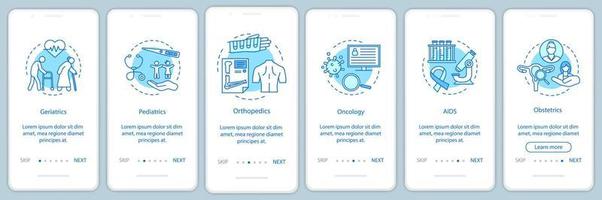 medische dienst onboarding mobiele app pagina scherm vector sjabloon. verpleegkundige zorg walkthrough website stappen met lineaire pictogrammen. geriatrie, oncologie, hulpmiddelen. ux, ui, gui smartphone-interface