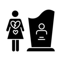 moedersterfte glyph icoon. vrouw rouwt, man dood. meisje diepbedroefd. overlijden partner, kind. begrafenis voor significante andere. silhouet symbool. negatieve ruimte. vector geïsoleerde illustratie