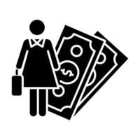 vrouwelijke economische glyph icoon. vrouwenrechten, gendergelijkheid. vrouwelijke financiële carrière. zakenvrouw. kapitaal, geld. feminisme, democratie. silhouet symbool. negatieve ruimte. vector geïsoleerde illustratie