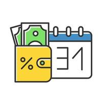 krediet geld kleur pictogram. persoonlijke lening. valuta in portemonnee. bijhouden van stijgende percentage inkomen. budgetbeheer. beleggingsopbrengsten. financiën, economie. geïsoleerde vectorillustratie vector