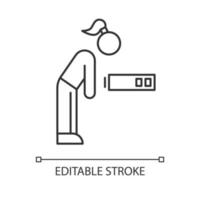 vermoeidheid lineaire pictogram. moe meisje. overwerkte vrouw. uitgeput persoon. pms-symptoom. overweldigd workaholic. dunne lijn illustratie. contour symbool. vector geïsoleerde overzichtstekening. bewerkbare streek