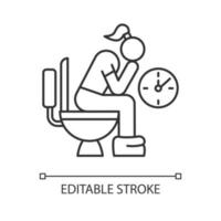 constipatie lineaire pictogram. menstruatie pijn. periode probleem. meisje in toilet. spijsverteringskanaal probleem. dunne lijn illustratie. contour symbool. vector geïsoleerde overzichtstekening. bewerkbare streek