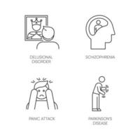 psychische stoornis lineaire pictogrammen instellen. waanvoorstellingen persoon. schizofrenie. paniek aanval. ziekte van Parkinson. Dementie. dunne lijn contour symbolen. geïsoleerde vectoroverzichtsillustraties. bewerkbare streek vector