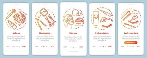 schoonheidssalon diensten rode onboarding mobiele app pagina scherm vector sjabloon. make-up, kapsalon. walkthrough website stappen met lineaire illustraties. ux, ui, gui smartphone-interfaceconcept