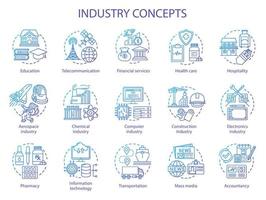 industrie concept pictogrammen instellen. technologische ontwikkeling. productie, service verlenen, onderzoek en ontwikkeling idee dunne lijn illustraties. vector geïsoleerde overzichtstekeningen. bewerkbare streek