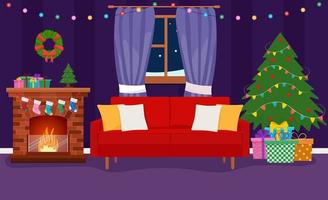 kerst kamer interieur. kerstboom, cadeau, open haard en decoratie vector