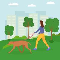 jong meisje wandelen met de hond in het park. platte vectorillustratie vector