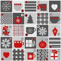 adventskalender voor kerstmis in een vlakke stijl in grijze en rode kleuren, vakantieattributen en symbolen in de vorm van mooie kopjes, decor, geschenken en patronen vector