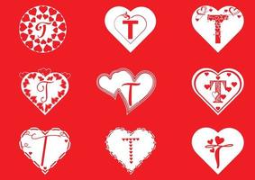 t-letterlogo met liefdespictogram, Valentijnsdag ontwerpsjabloon vector