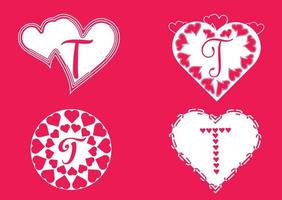 t-letterlogo met liefdespictogram, Valentijnsdag ontwerpsjabloon vector