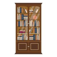 houten boekenkast met veel boeken en snuisterijen vector