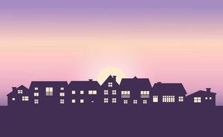 land skyline van silhouet op gradiënt dageraad achtergrond. zwarte huizen silhouetten. gebouwen icoon voor mobiel concept en web app. woonhuis eigendom buitenaanzicht. vector