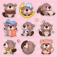 schattige bever kawaii cartoon vector tekenset. schattige, vrolijke en grappige dierenmascotte geïsoleerde stickers, patchespakket, kinderbadges. anime baby meisje bever emoji, emoticon op roze achtergrond