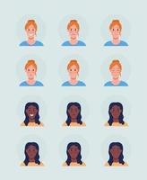 verschillende vrouwelijke gezichtsuitdrukkingen semi-egale kleur vector avatar karakterset