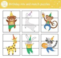 vector verjaardag mix en match puzzel met traditionele vakantie karakters. winter uitgesneden bijpassende activiteit voor kleuters. educatief feest printbaar spel voor kinderen