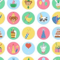 schattig naadloos patroon met ronde pictogrammen voor verjaardagsmarkeringen of avatarontwerpen met schattige dierenkoppen, cake, cadeau. vector verjaardag herhalen achtergrond. digitaal vakantiepapier met grappige karakters