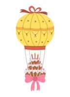 leuke vectorcake met kaarsen die op gekleurde hete luchtballon vliegen met roze strik. grappige verjaardag dessert clipart voor kaart, poster, print design. heldere vakantie illustratie voor kinderen. vector