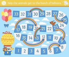 verjaardagsbordspel voor kinderen met schattige dieren in heteluchtballon. educatief vakantiebordspel met wolken, regenbogen en ballonnen. feestactiviteit voor kinderen. vector