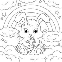 een schattig konijn houdt een wortel in zijn poten. kleurboekpagina voor kinderen. cartoon-stijl. vectorillustratie geïsoleerd op een witte achtergrond. vector