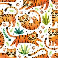 tijgers in regenwoud grote wilde katten en tropische planten dierenriem symbool van het jaar aquarel hand getrokken naadloze patroon textuur achtergrond verpakking ontwerp vector
