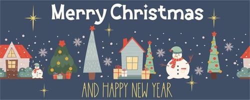 Kerstmis naadloze grens op een donkere achtergrond met de tekst vrolijk kerstfeest. banner met tekst en bomen, sneeuwpop, huis en geschenken voor feestelijk decor. vectorillustratie in vlakke stijl vector