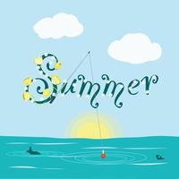 belettering zomer op de achtergrond van water en zon en vis vector