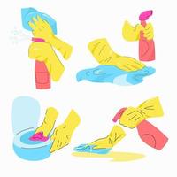 geelgehandschoende handen wassen en reinigen verschillende oppervlakken. vector