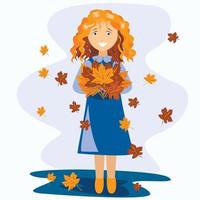 meisje met een boeket herfstbladeren in een plas vector