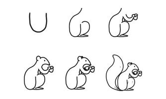 hoe je stap voor stap een grappige eekhoorn van je kunt tekenen. gemakkelijke en leuke activiteit voor de ontwikkeling en creativiteit van kinderen. zelfstudie voor het tekenen van dieren en objecten uit alfabetreeksen in vectorillustratie. vector