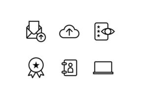 pictogrammen instellen collectie van digitaal netwerk en communicatie. e-mail-, beoordelings-, beoordelings-, cloud-, contact- en computersymbolen. eenvoudige pictogrammen in ongekleurde stijl. vector