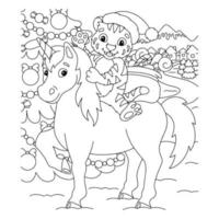 een tijgerwelp die op een eenhoorn rijdt, draagt geschenken. kleurboekpagina voor kinderen. stripfiguur in stijl. vectorillustratie geïsoleerd op een witte achtergrond. vector