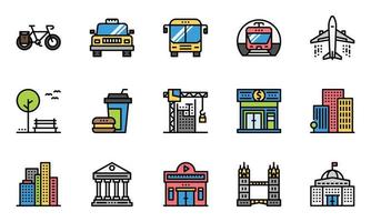 elementen stad en straat pictogrammen, parh, stad, gebouw, vector