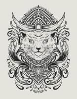 illustratie vector kat hoofd met vintage gravure ornament